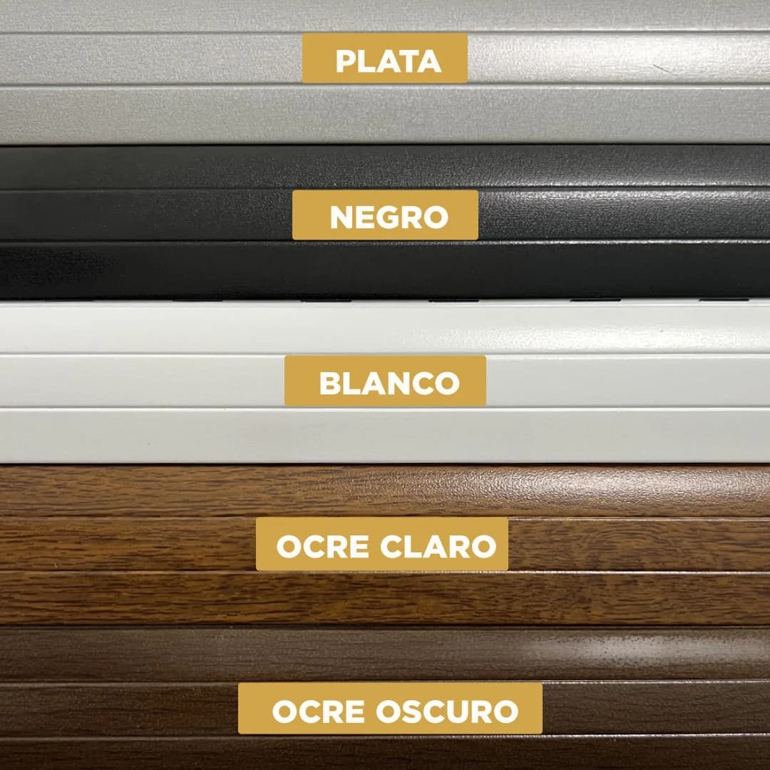 Muestra real de los colores disponibles en lamas de aluminio: plata, negro, blanco, ocre claro y ocre oscuro