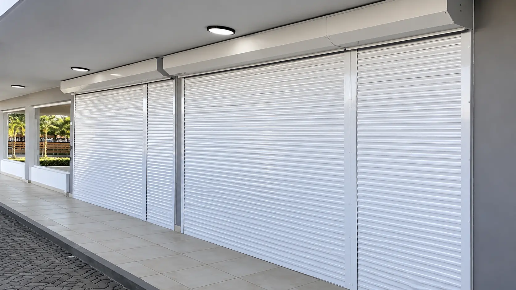 Persiana exterior de aluminio instalada en fachada comercial